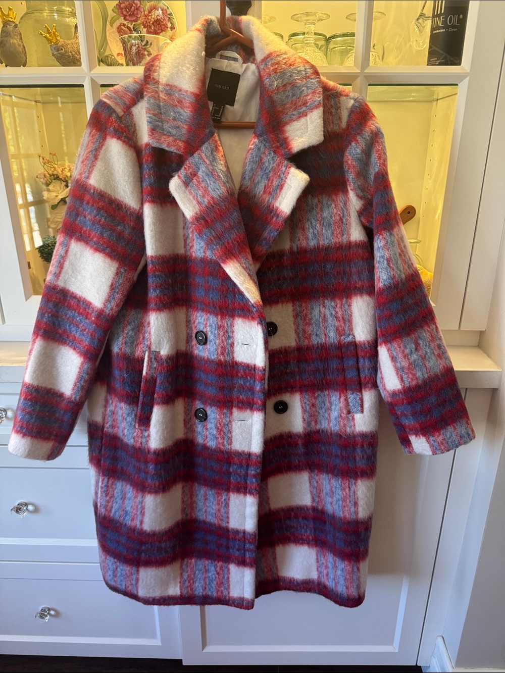 Forever 21 Red, Blue & White Plaid Double-Breasted Pea Coat
